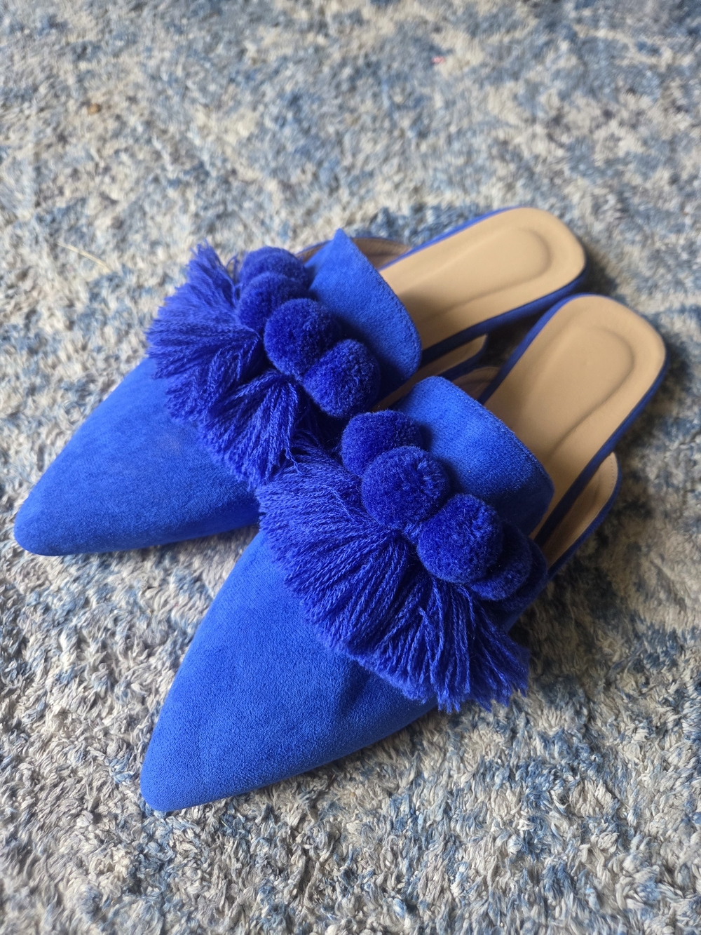 Blue Suede Tassel Mule Flats